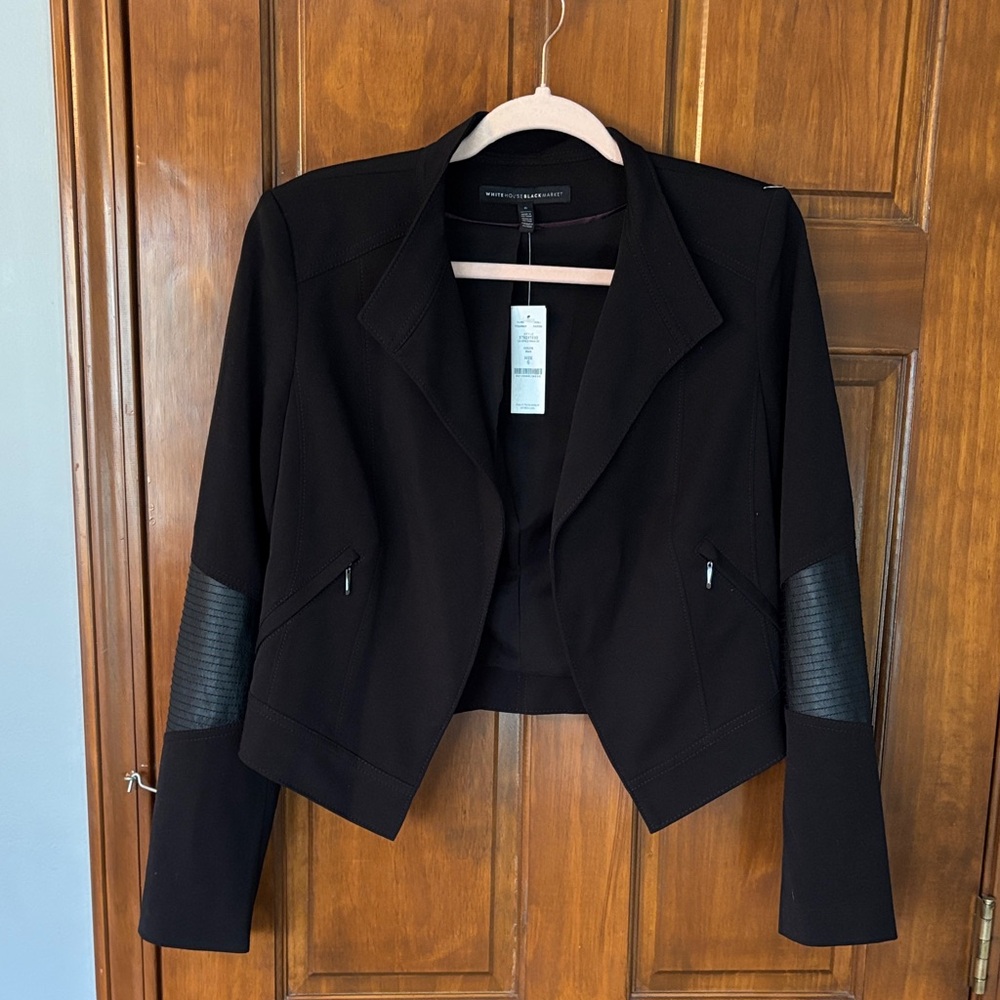 NWT White House, Black market cropped jacket with leather elbow detail